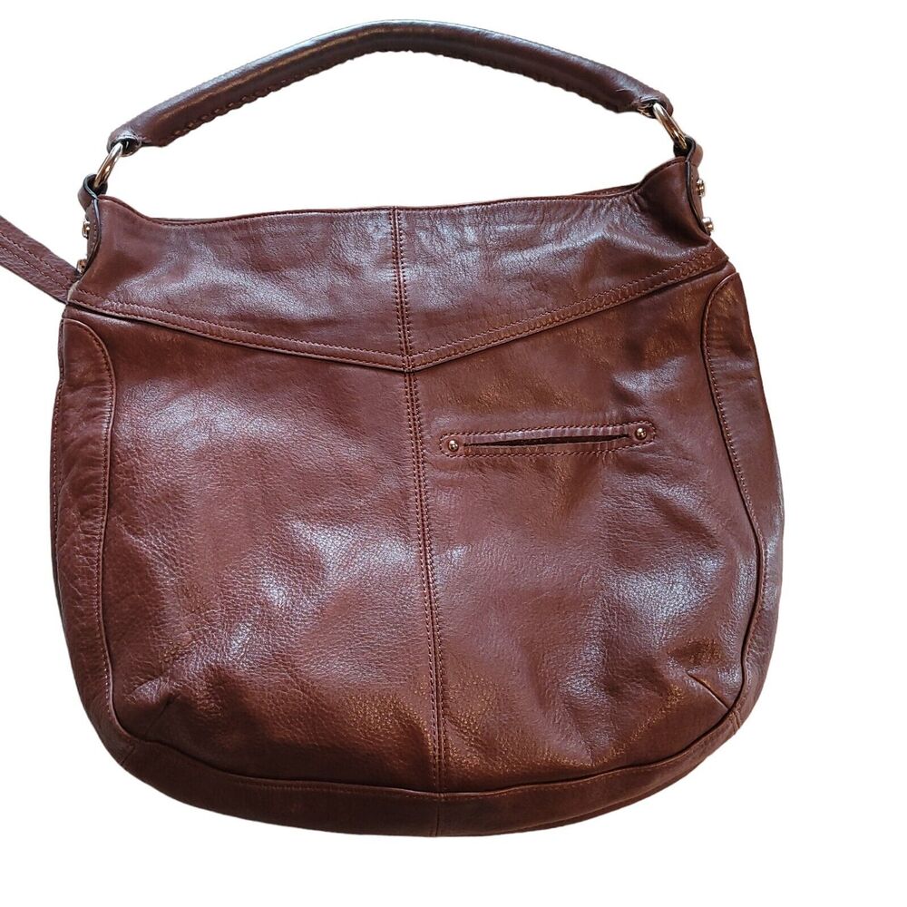 B Makowsky Brown Tan Pebbled Leather Leopard Print Lining Zip Handbag Purse Bag - Picture 2 of 11
